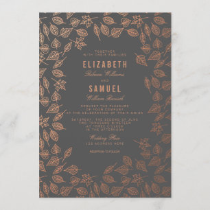 Autumn Copper Leaves Grey Wedding Invitation