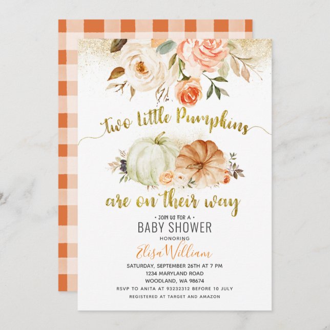 Autumn Coral Florals Pumpkin  Invitation (Front/Back)