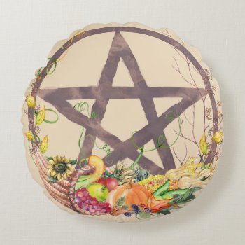 Autumn Cornucopia Pentacle Fall Harvest Round Pillow by Cosmic_Crow_Designs at Zazzle
