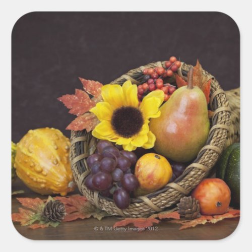 Autumn cornucopia with grapes pear and gourds square sticker