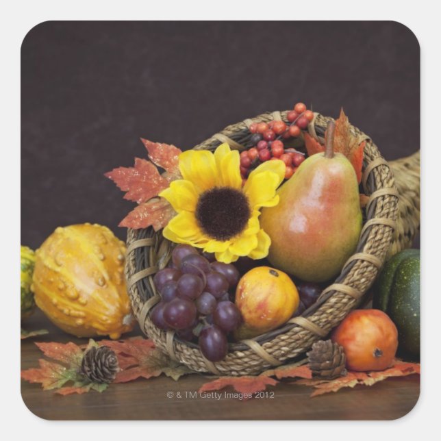 Autumn cornucopia with grapes, pear and gourds square sticker (Front)