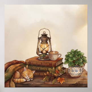 Autumn Cottage Hygge, Sleeping Kitten & Steaming Poster