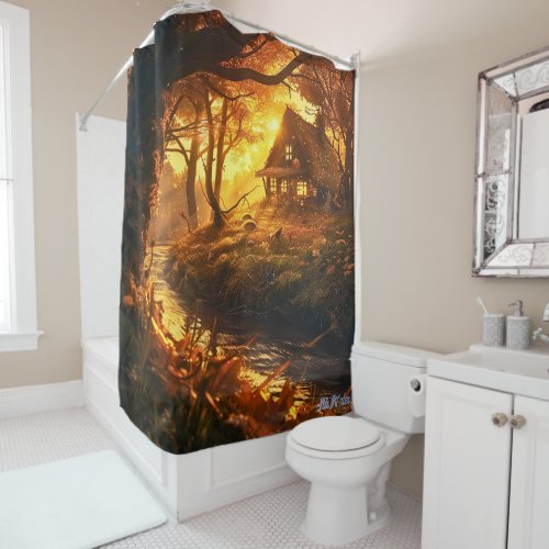 autumn cottage river sunset Shower Curtain