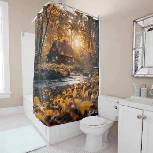 autumn cottage river sunset Shower Curtain