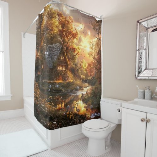 autumn cottage river sunset Shower Curtain