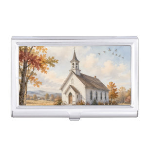 Autumn Country Church Watercolor Landscape Business Card Case