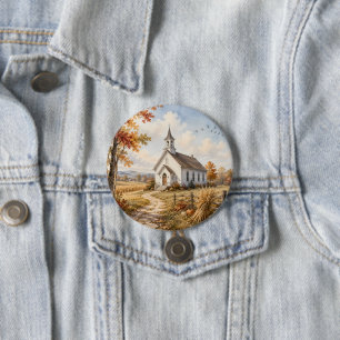 Autumn Country Church Watercolor Landscape Button