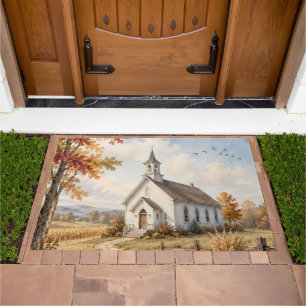 Autumn Country Church Watercolor Landscape Doormat