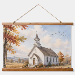Autumn Country Church Watercolor Landscape Hanging Tapestry