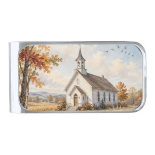 Autumn Country Church Watercolor Landscape Silver Finish Money Clip