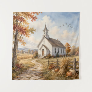 Autumn Country Church Watercolor Landscape Tapestry