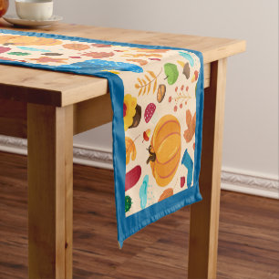 Autumn Cozy Fall Pattern Pumpkins Leaves Blue Short Table Runner