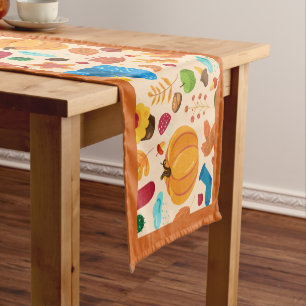 Autumn Cozy Fall Pattern Pumpkins Leaves Orange Short Table Runner