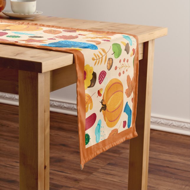 Autumn Cozy Fall Pattern Pumpkins Leaves Orange Short Table Runner (In Situ)