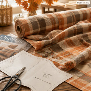 Autumn Cozy Vibe Orange Beige Brown Plaid Fabric