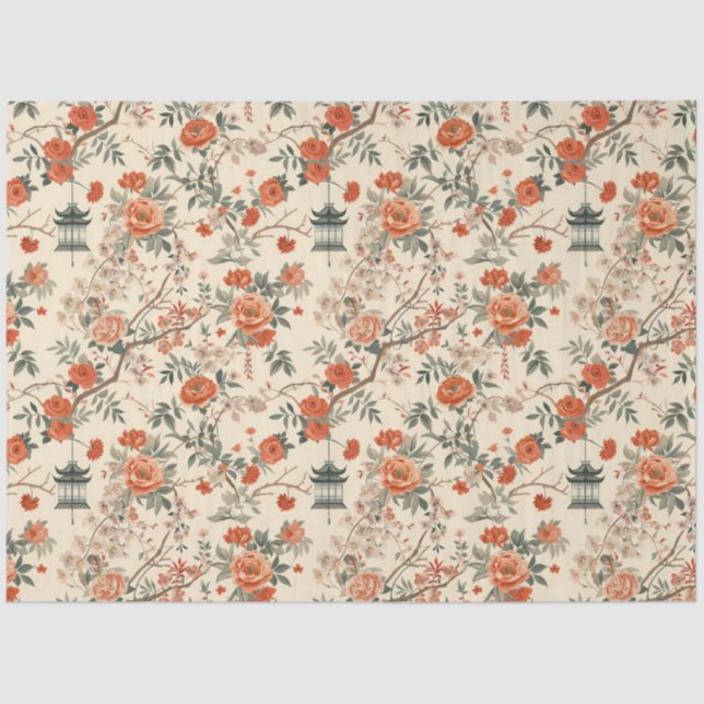 Autumn Cream Orange Floral Chinoiserie Tissue Paper (Front)