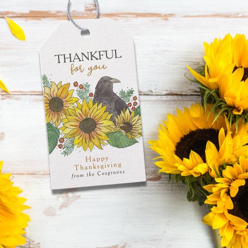 Autumn Crow in Sunflowers Watercolor Thanksgiving  Gift Tags