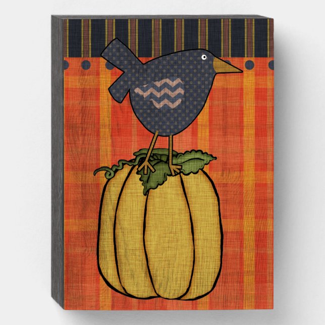 Autumn Crow on Pumpkin Wooden Box Sign (Front Vertical)