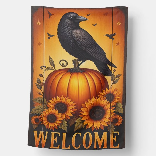 Autumn Crow & Pumpkin Welcome House Flag (Front)