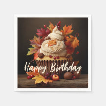 Autumn Cupcake with Colorful Fall Leaves Birthday