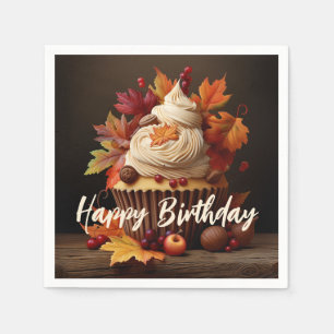 Autumn Cupcake with Colorful Fall Leaves Birthday Napkins