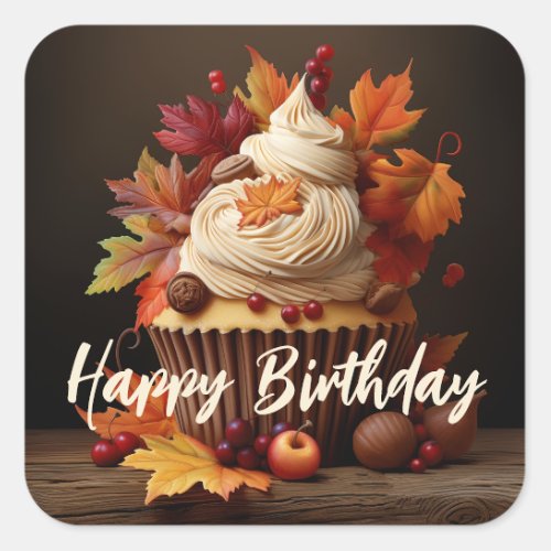 Autumn Cupcake with Colorful Fall Leaves Birthday Square Sticker