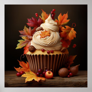 Autumn Cupcake with Colorful Fall Leaves  Poster