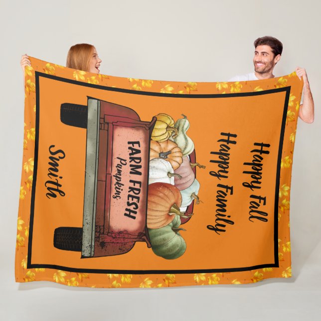 Autumn Customize Pumpkin Gold Leaves Fleece Blanket (In Situ)