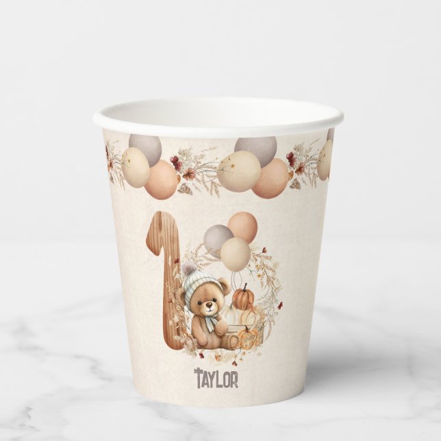 Autumn Cute Bear Beary 1st Birthday Paper Cups (Front)