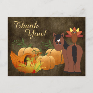 Autumn Cute Brown Horse and Turkey Thank You Holiday Postcard
