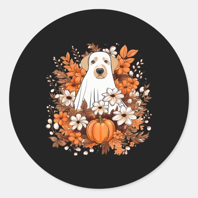 Autumn Cute Dog Ghost With Pumpkin Halloween Fall  Classic Round Sticker (Front)