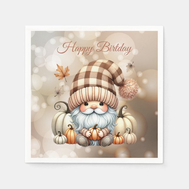 Autumn Cute Gnome Fall Leaves Birthday Napkins (Front)