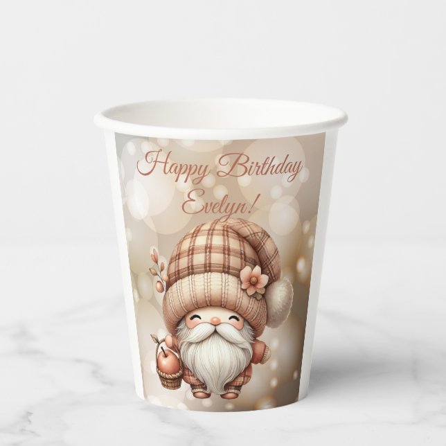 Autumn Cute Gnome Fall Leaves Birthday Paper Cups (Front)