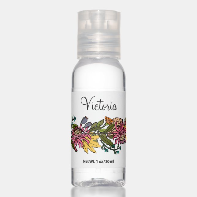 Autumn cute modhand drawn aster flowers and leaves hand sanitizer (Front)