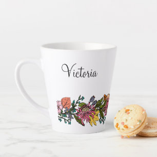 Autumn cute modhand drawn aster flowers and leaves latte mug