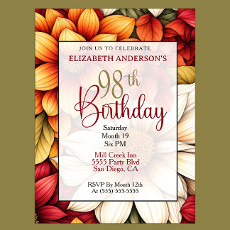 Autumn Dahlia Floral 98th Birthday Invitation