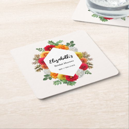 Autumn Dahlia Floral Fall Bridal Shower Square Paper Coaster