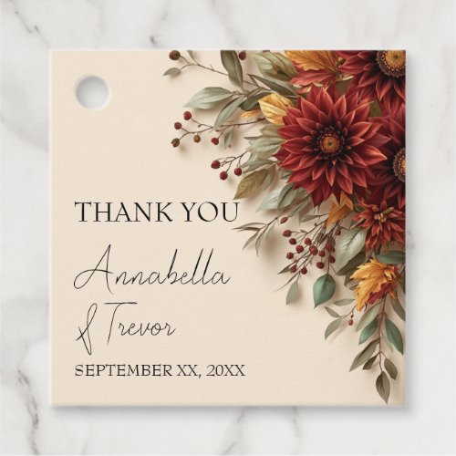Autumn Dahlia Floral Rust & Burgundy Fall Flowers Favor Tags