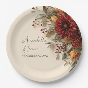 Autumn Dahlia Floral Rust & Burgundy Fall Flowers Paper Plates