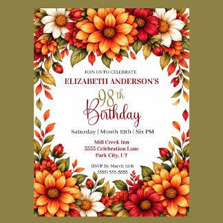 Autumn Dahlia Flower 98th Birthday Invitation