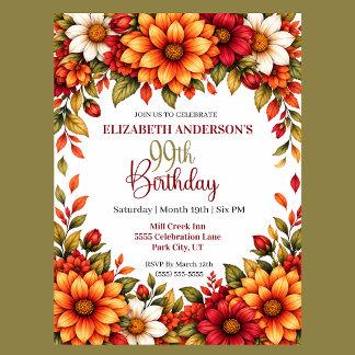 Autumn Dahlia Flower 99th Birthday Invitation