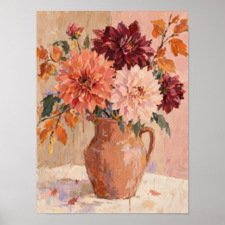 Autumn Dahlias in Terracotta Vase – Floral Wall Ar Poster