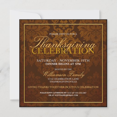 Autumn Damask Thanksgiving Dinner Invitation - Customize these elegant invitations for your upcoming Thanksgiving dinner celebration