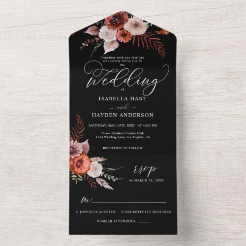 Autumn Dark Moody Floral Burnt Orange Wedding All In One Invitation