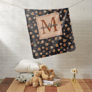 Autumn Dark Moody Terracotta Floral Monogram Name Baby Blanket