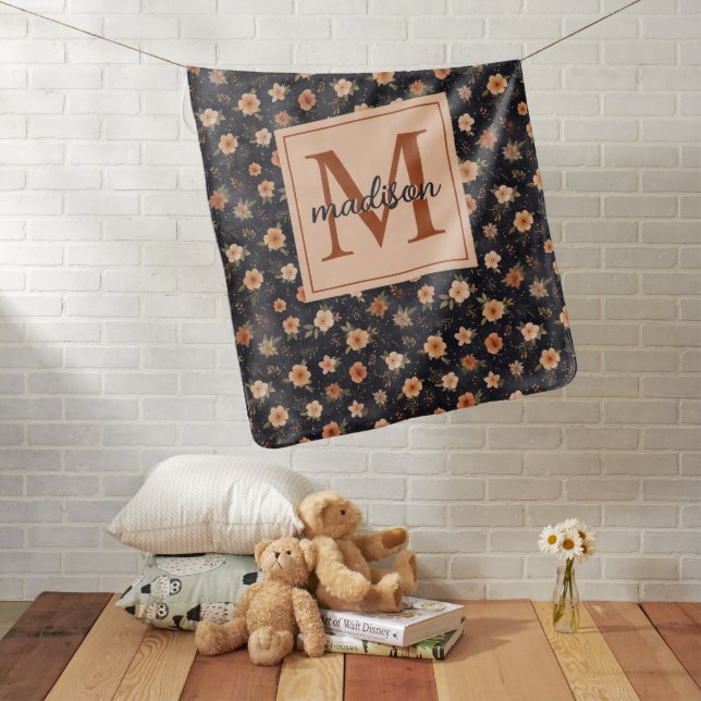 Autumn Dark Moody Terracotta Floral Monogram Name Baby Blanket (In Situ)