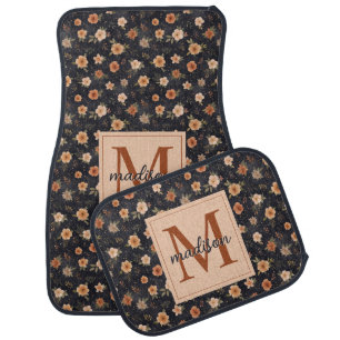 Autumn Dark Moody Terracotta Floral Monogram Name Car Floor Mat