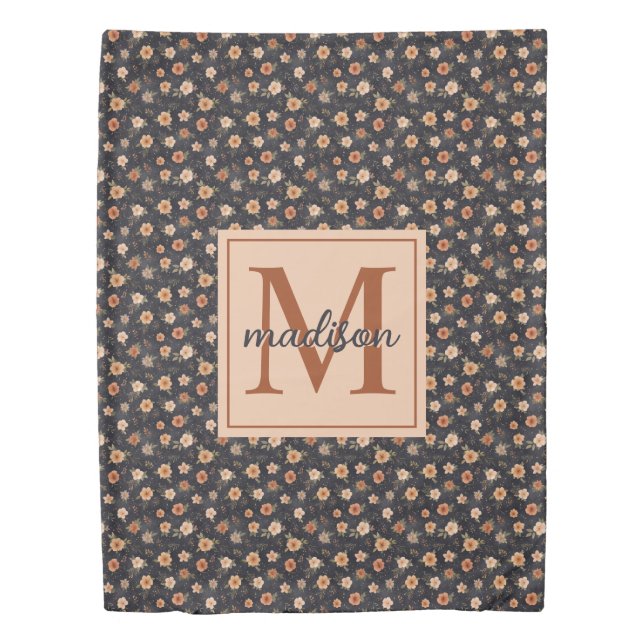 Autumn Dark Moody Terracotta Floral Monogram Name Duvet Cover (Front)