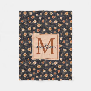 Autumn Dark Moody Terracotta Floral Monogram Name Fleece Blanket