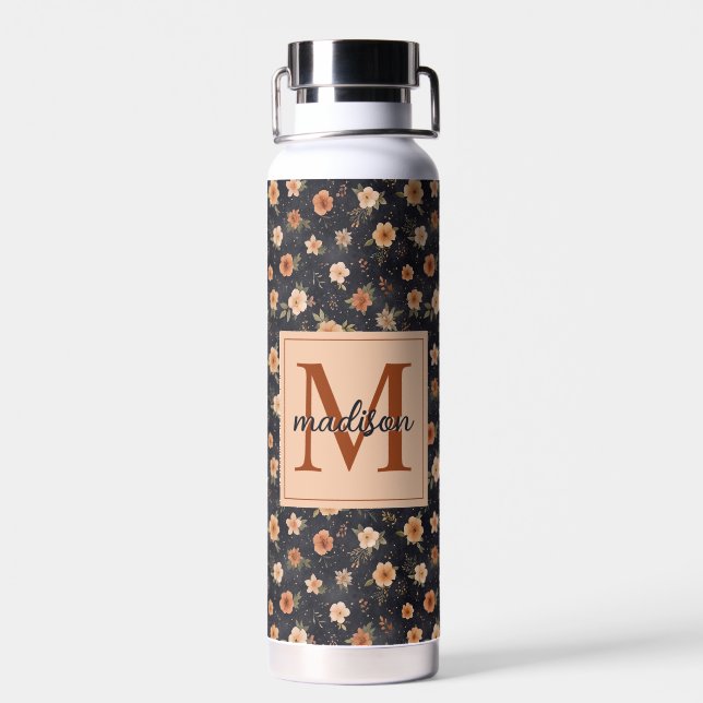 Autumn Dark Moody Terracotta Floral Monogram Name Water Bottle (Back)